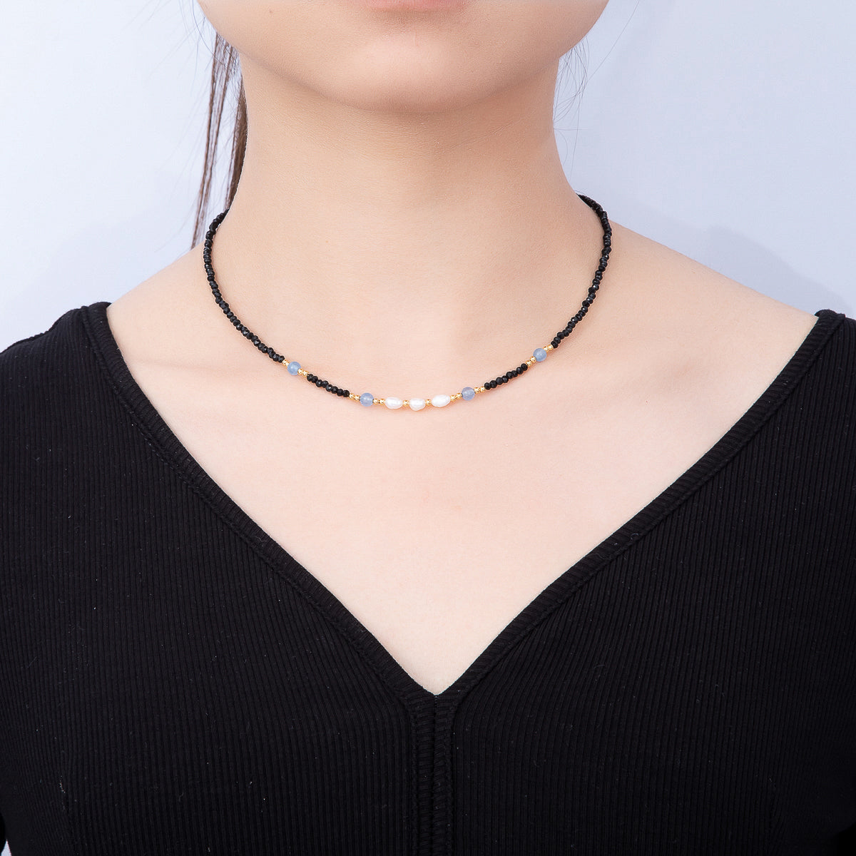 Handmade 2.5mm Shell Pearl Blue, Light Blue, Black Multifaceted Crystal Gemstone Chain 16 Inch Necklace | WA-00689 WA-00699 WA-00790