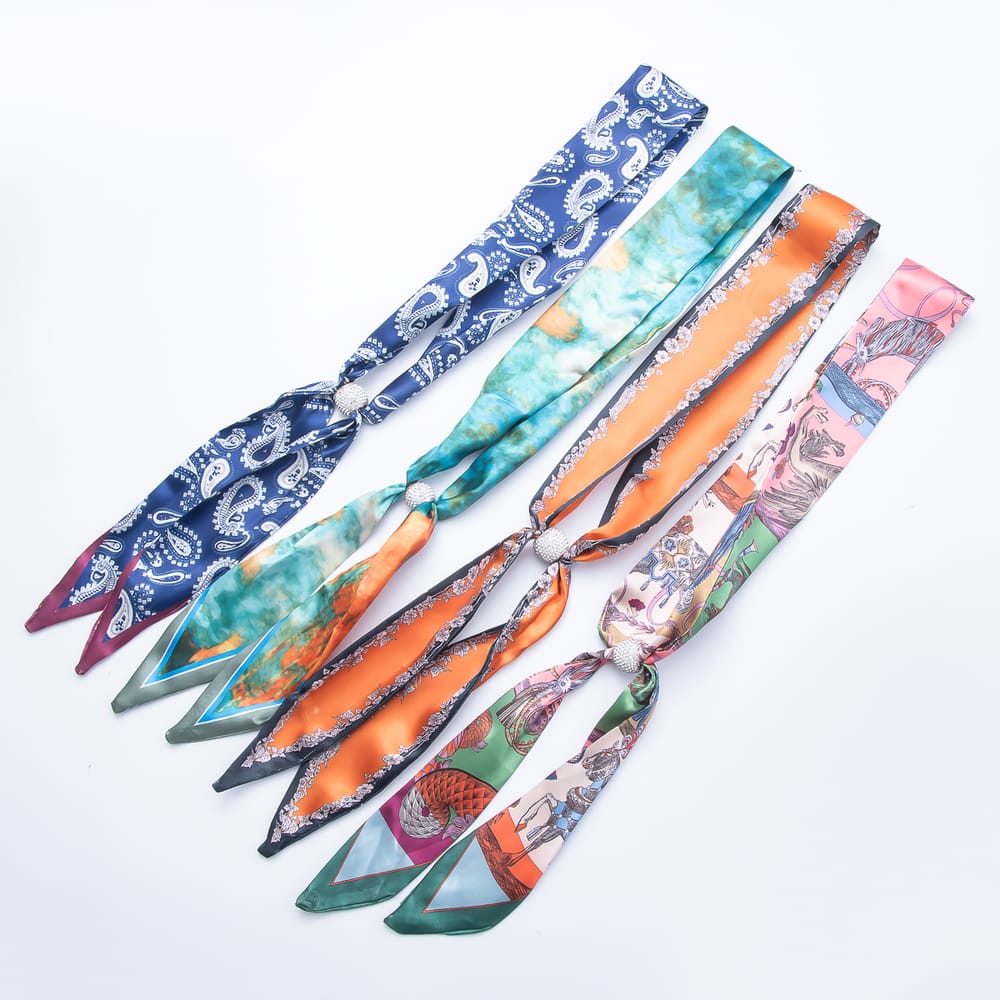 Clear Micro Paved CZ Slider Beads Printed Satin Scarf Bandana Scarf Necklace | WA-00493