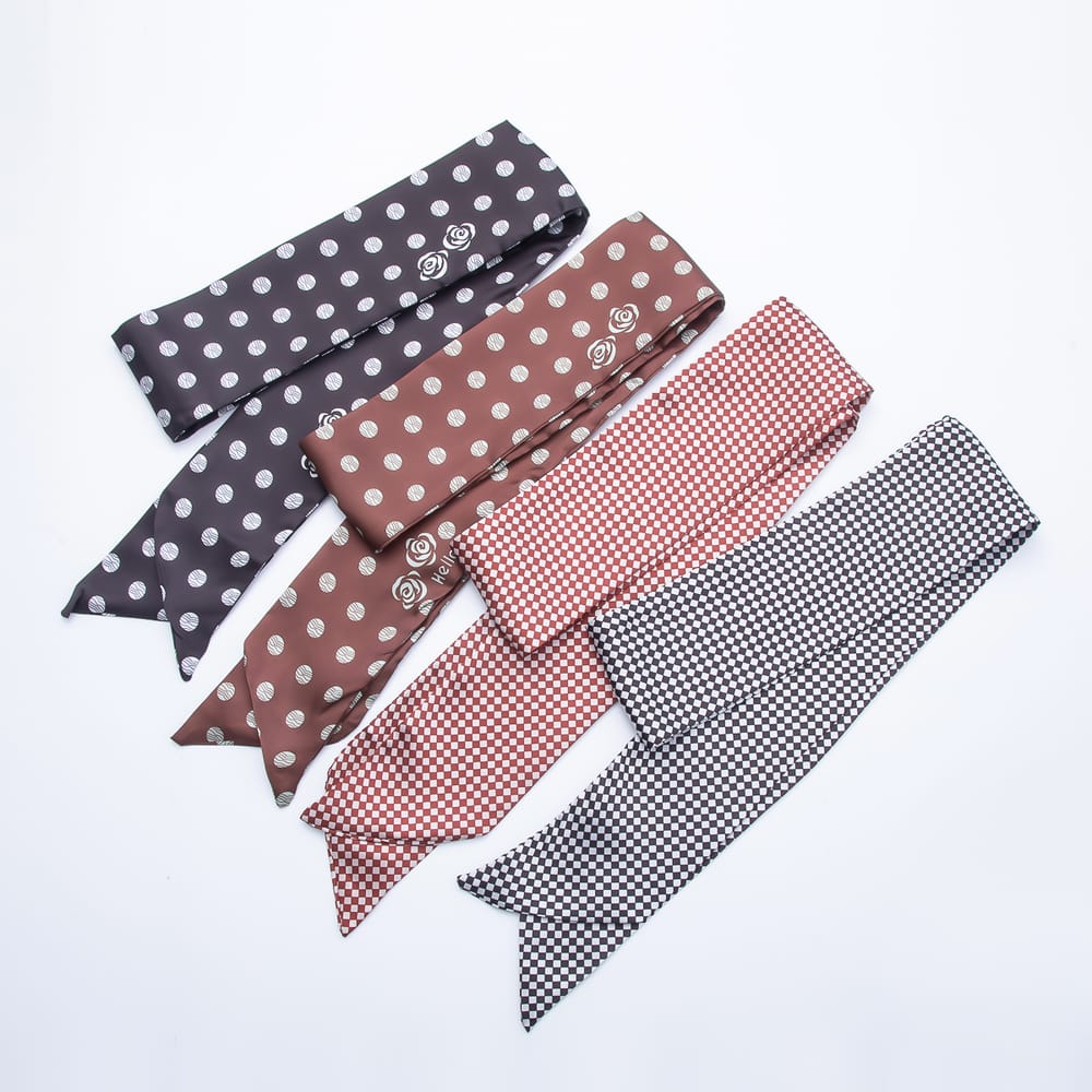 Polka Dot Rose & Checkered Printed Satin Twill Ribbon Scarf Necklace | WA-00556