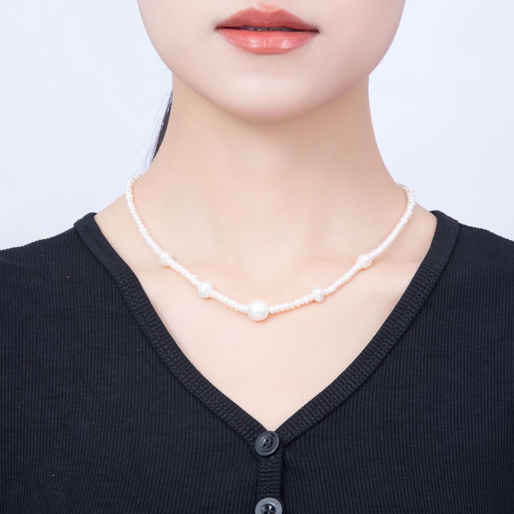 16K Gold Filled 8mm White Freshwater Pearl Round Rondelle Gemstone Chain 16 Inch Necklace | WA-00963