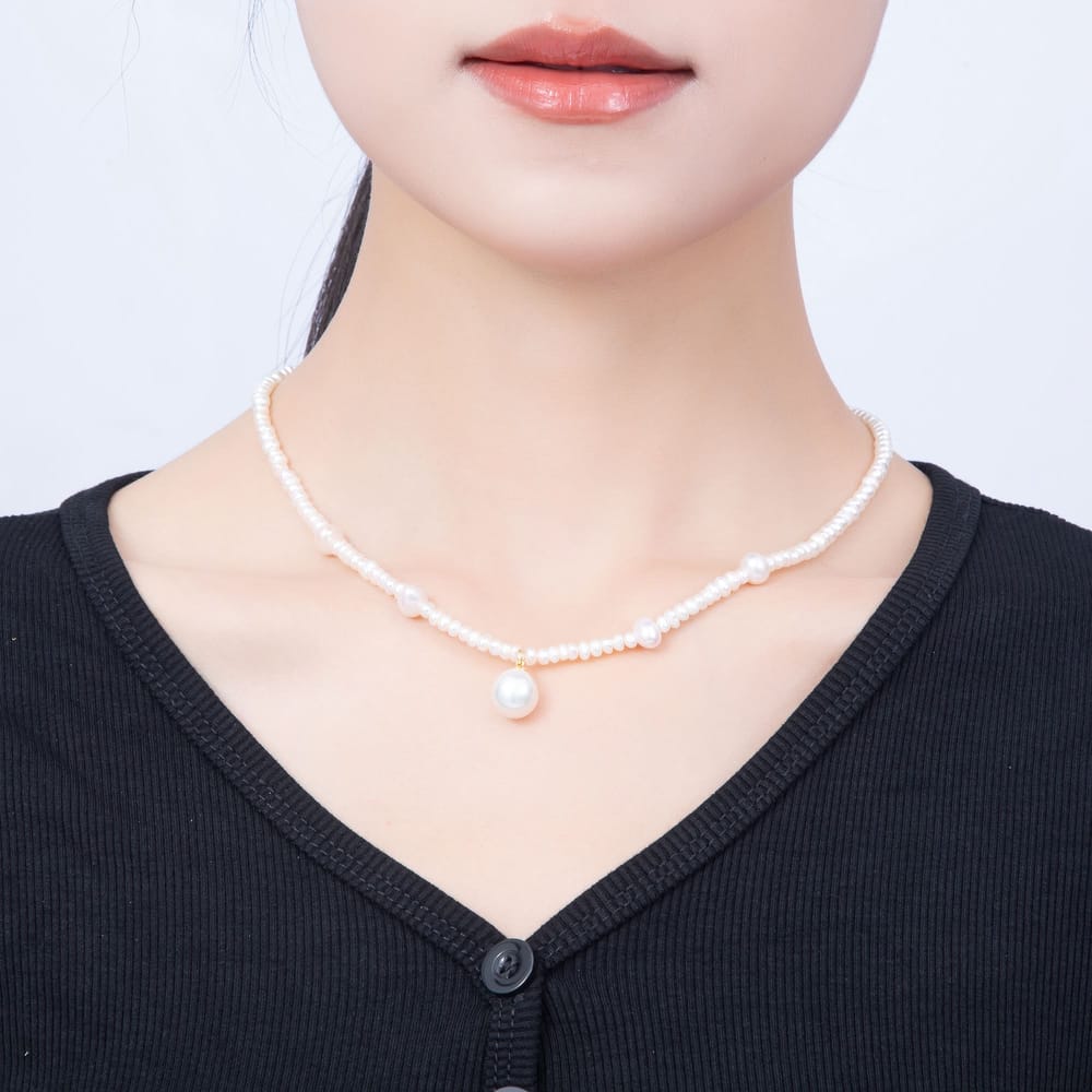 16K Gold Filled 8mm White Natural Freshwater Pearl Round Oval Rondelle Gemstone Chain 16 Inch Necklace | WA-00685