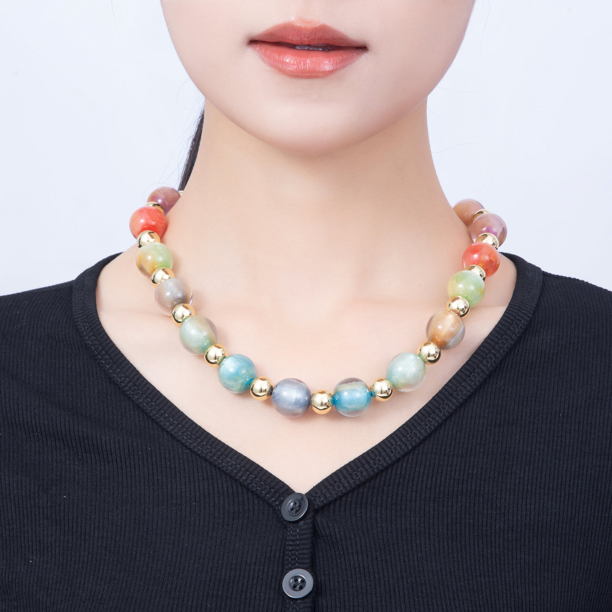 16K Gold Filled 16mm Multicolor Cat's Eye Glass Beads 19 Inch Necklace | WA-00385