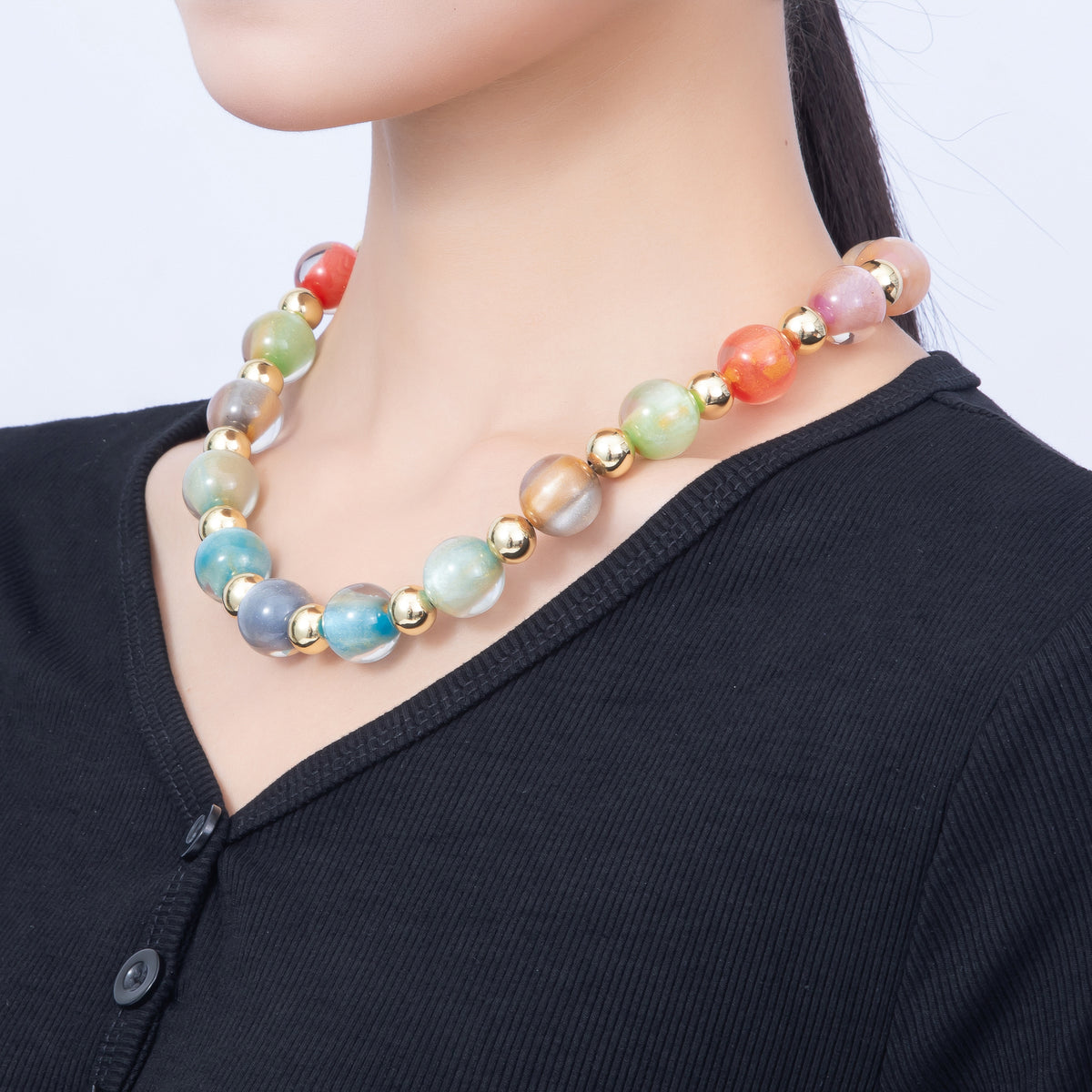 16K Gold Filled 16mm Multicolor Cat's Eye Glass Beads 19 Inch Necklace | WA-00385