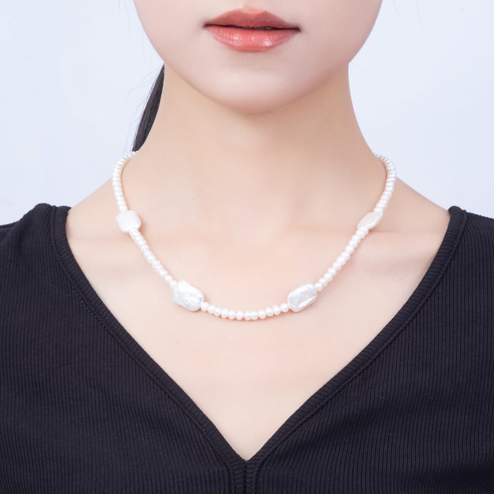 16K Gold Filled 12mm Freshwater Pearl & Flat Rectangle Baroque Pearl Strand 17.5 Inch Necklace | WA-01095