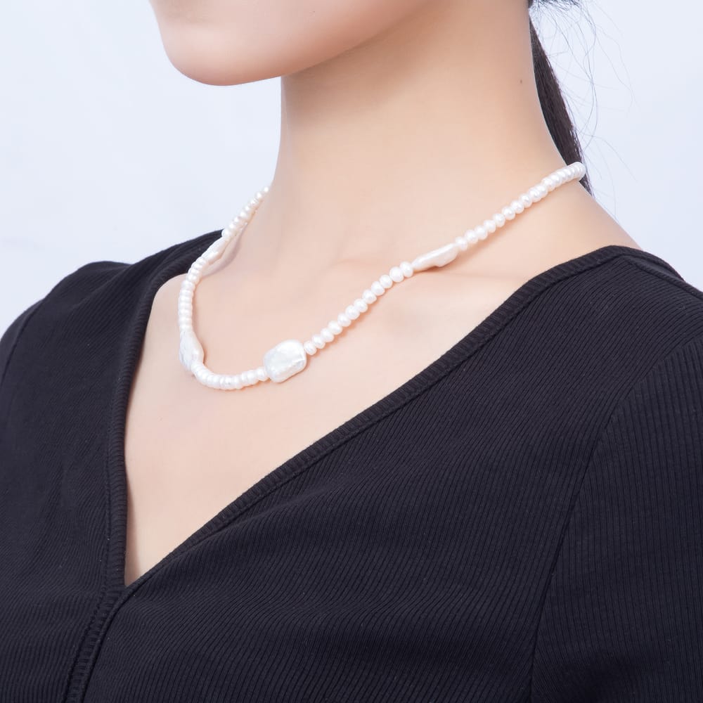 16K Gold Filled 12mm Freshwater Pearl & Flat Rectangle Baroque Pearl Strand 17.5 Inch Necklace | WA-01095
