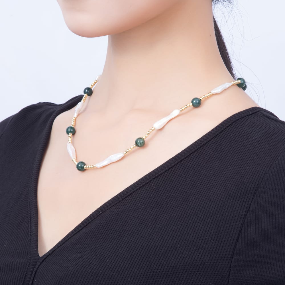 16K Gold Filled 8mm Biwa Stick Pearl & Green Gemstone Bead Strand 19 Inch Necklace | WA-01101