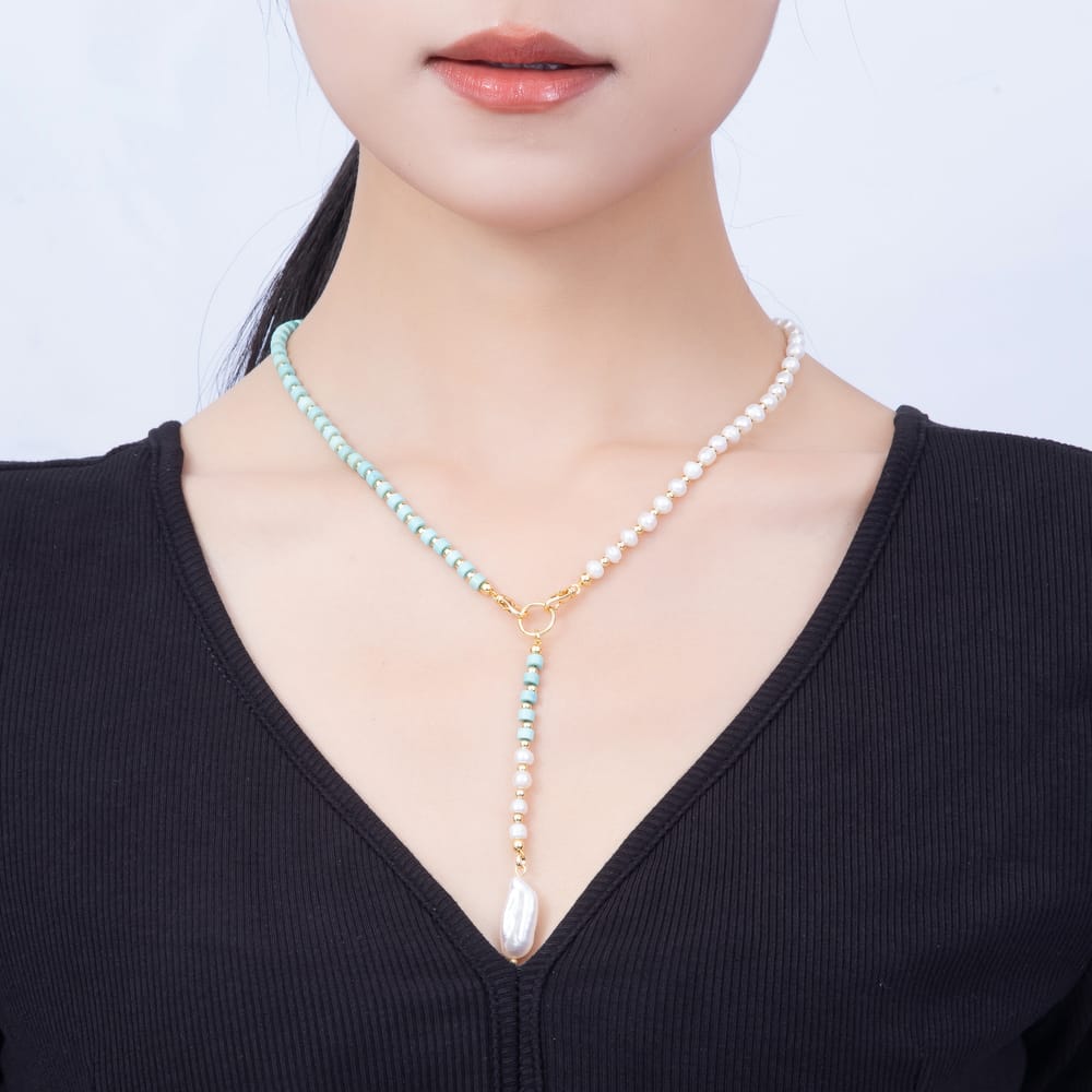 16K Gold Filled 9mm Baroque Freshwater Pearl Drop Half Pearl Turquoise Lariat 18 Inch Necklace | WA-00461