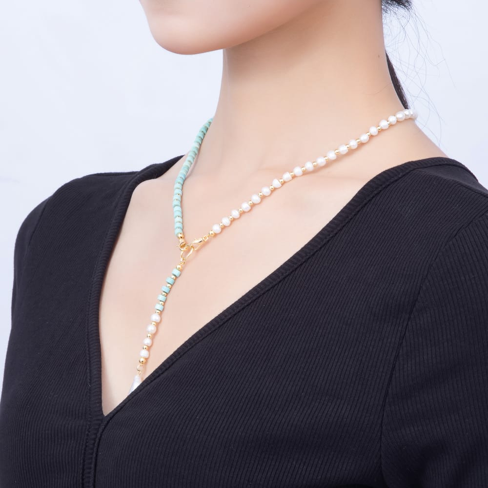 16K Gold Filled 9mm Baroque Freshwater Pearl Drop Half Pearl Turquoise Lariat 18 Inch Necklace | WA-00461