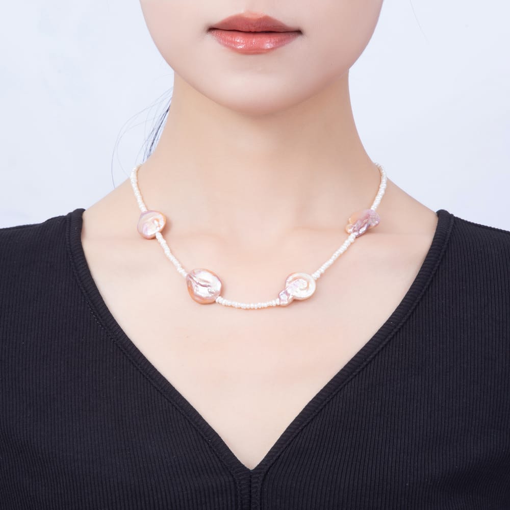 16K Gold Filled 18mm Freshwater Pearl & Pink Iridescent Baroque Pearl Strand 17 Inch Necklace | WA-01098