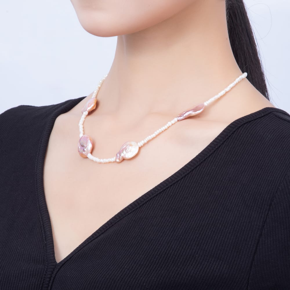 16K Gold Filled 18mm Freshwater Pearl & Pink Iridescent Baroque Pearl Strand 17 Inch Necklace | WA-01098
