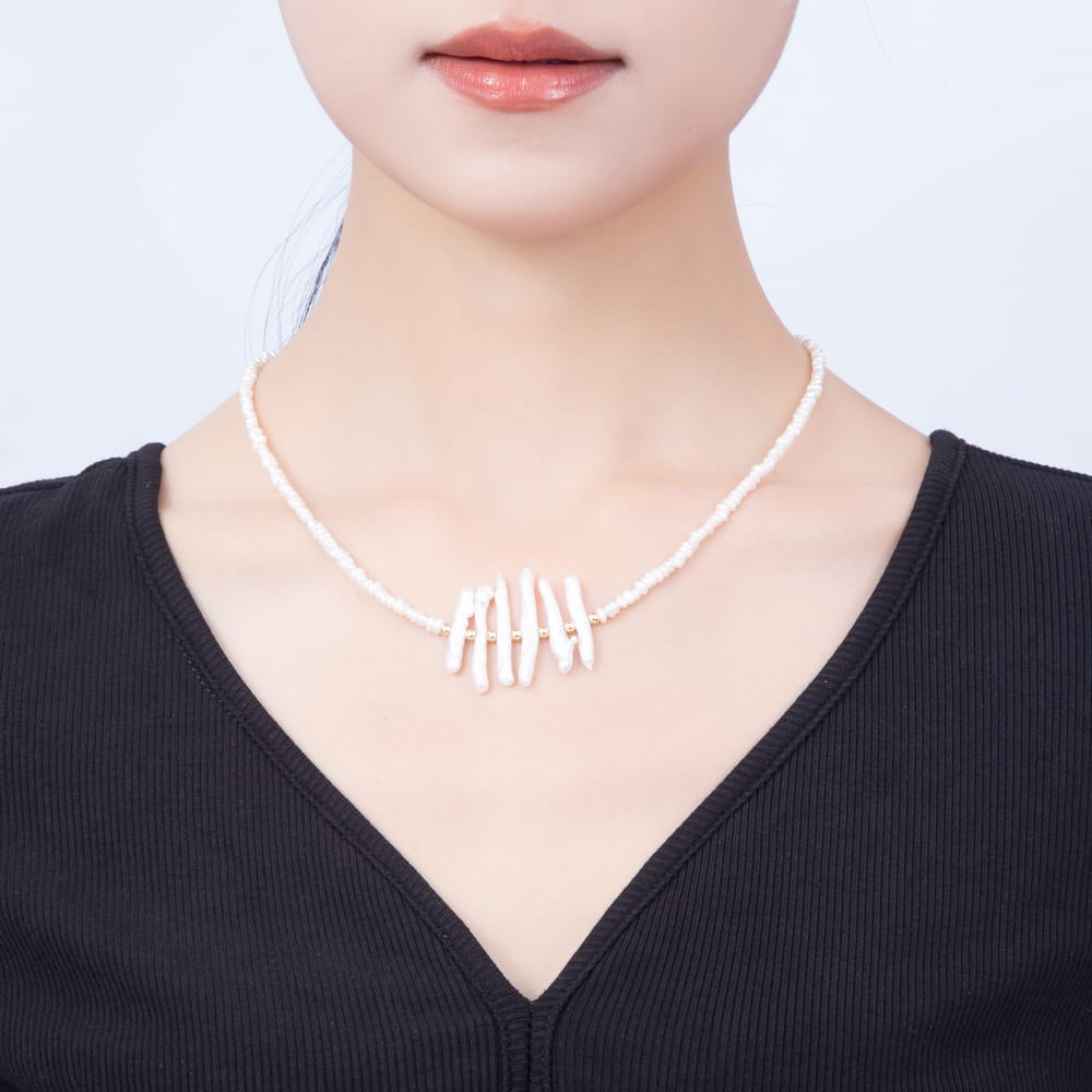 16K Gold Filled 30mm Freshwater Pearl & Stick Biwa Baroque Pearl Fringe Strand 17.5 Inch Necklace | WA-01100