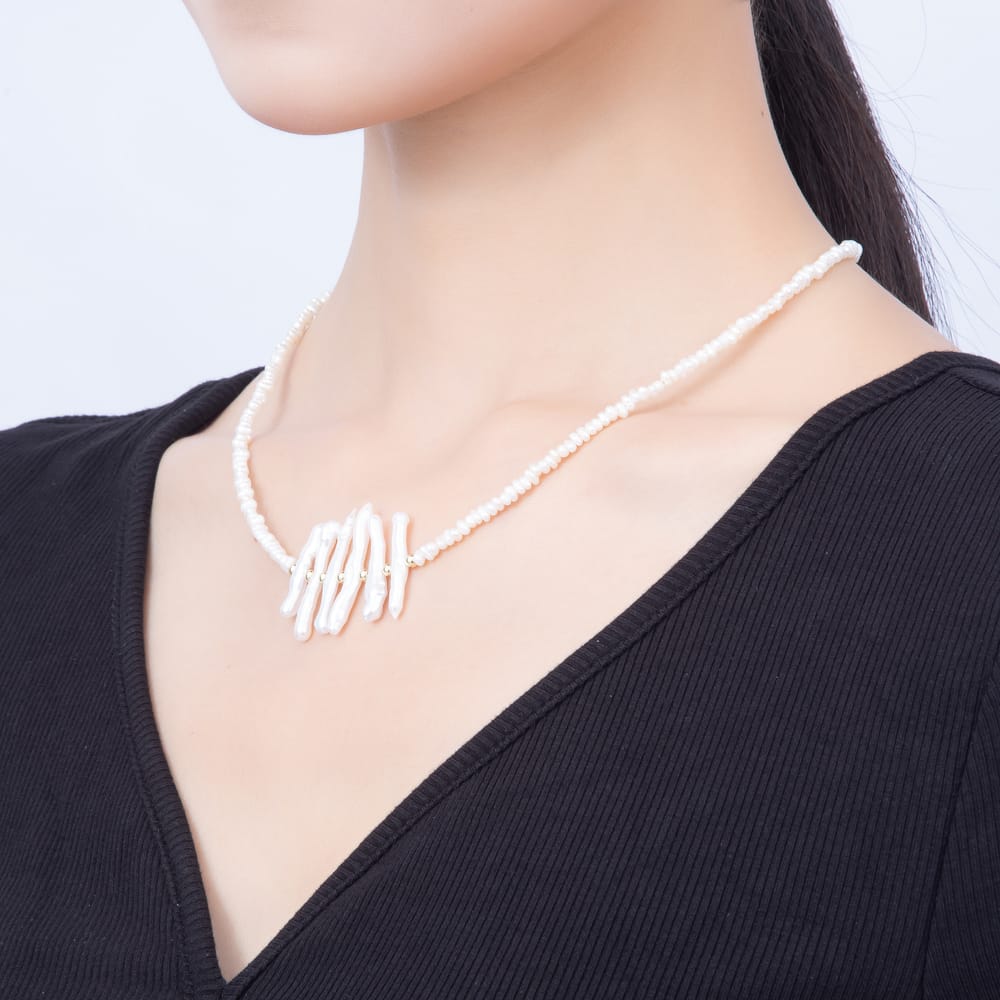 16K Gold Filled 30mm Freshwater Pearl & Stick Biwa Baroque Pearl Fringe Strand 17.5 Inch Necklace | WA-01100