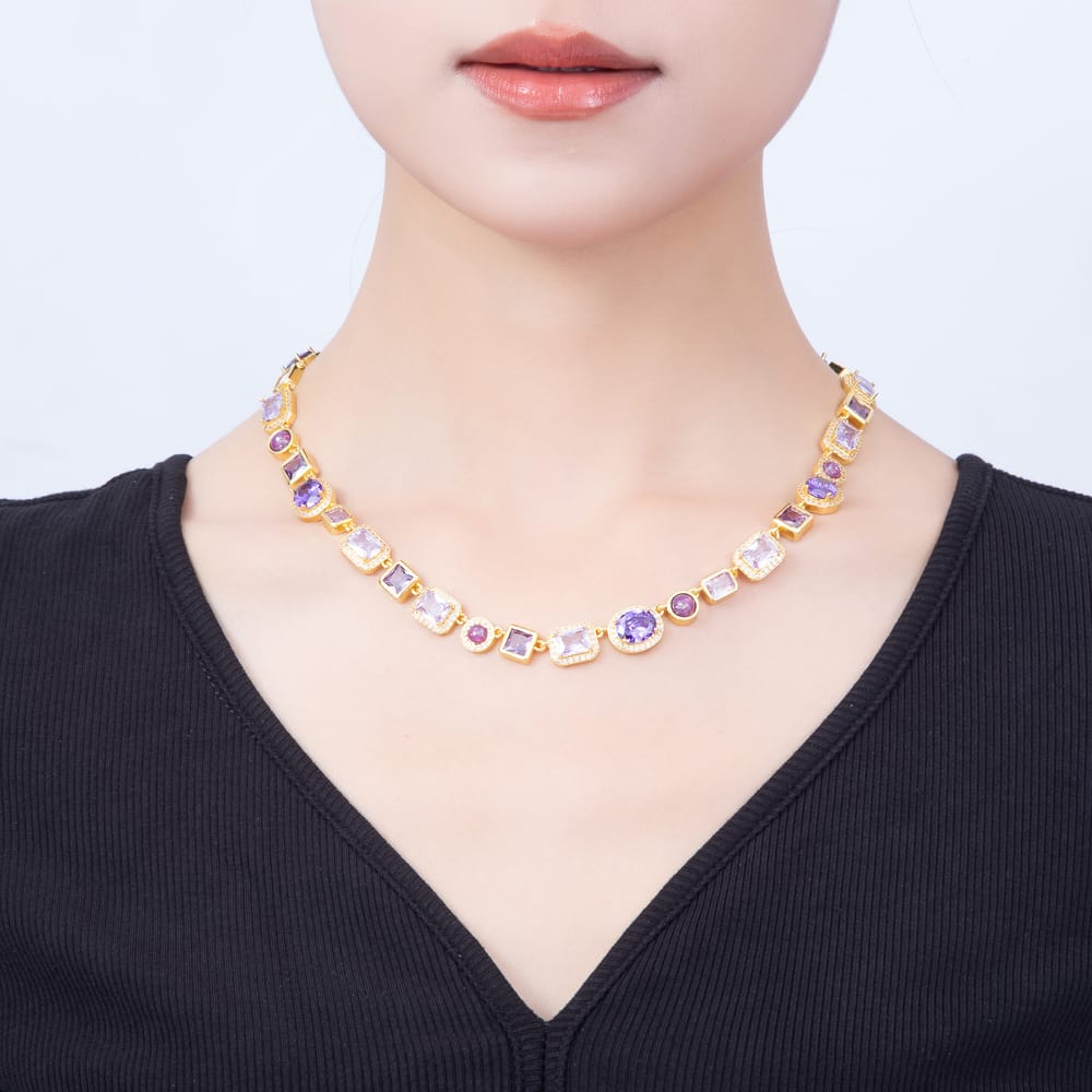 16K Gold Filled 11mm Mixed Shape Amethyst Purple CZ Statement Tennis Chain 18 Inch Necklace | WA-01092