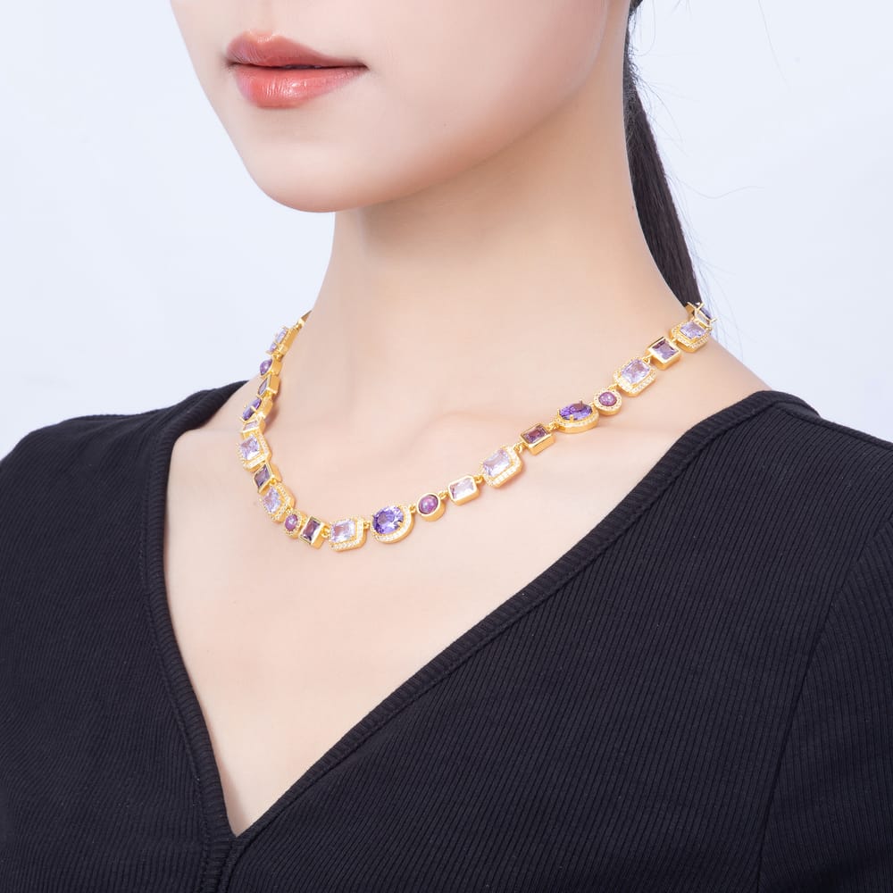16K Gold Filled 11mm Mixed Shape Amethyst Purple CZ Statement Tennis Chain 18 Inch Necklace | WA-01092