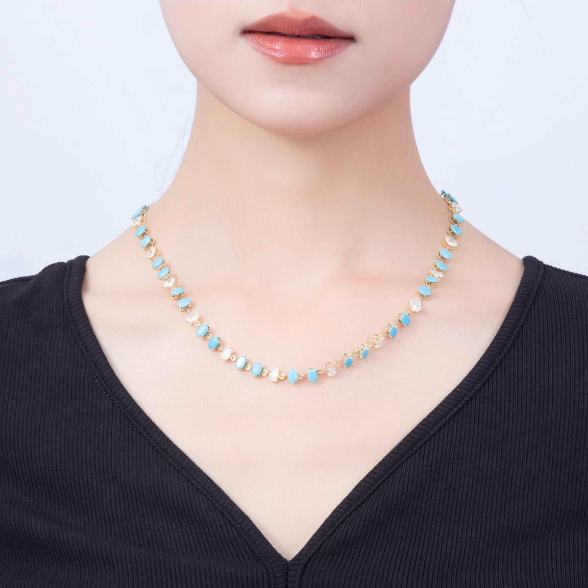 16K Gold Filled 7mm Double Turquoise Marquise CZ Station Necklace and Bracelet Set | WA-00419