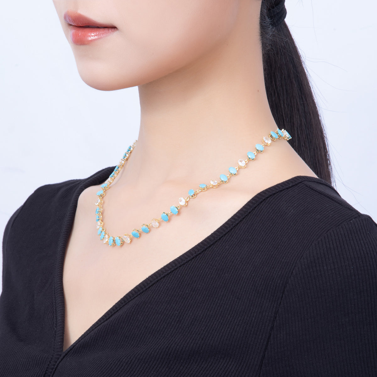 16K Gold Filled 7mm Double Turquoise Marquise CZ Station Necklace and Bracelet Set | WA-00419