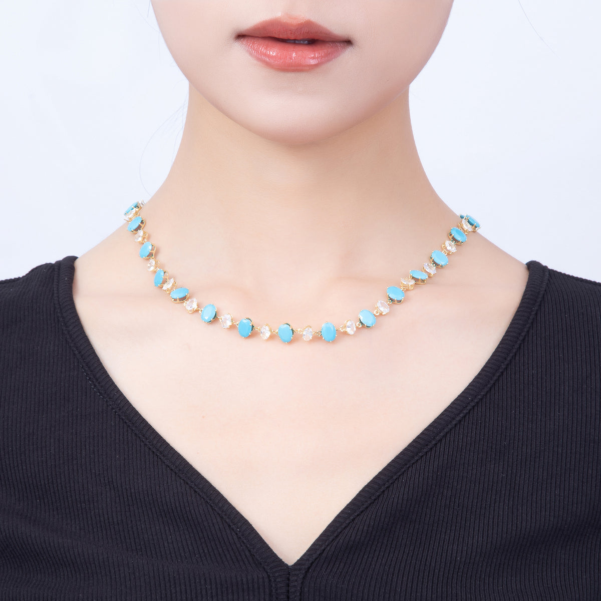 16K Gold Filled 9mm Oval Turquoise & Marquise CZ Station 17 Inch Necklace and Bracelet Set | WA-00418