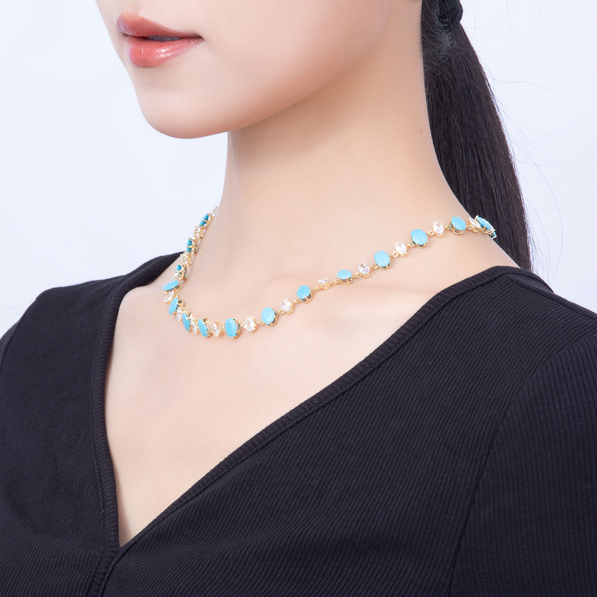 16K Gold Filled 9mm Oval Turquoise & Marquise CZ Station 17 Inch Necklace and Bracelet Set | WA-00418