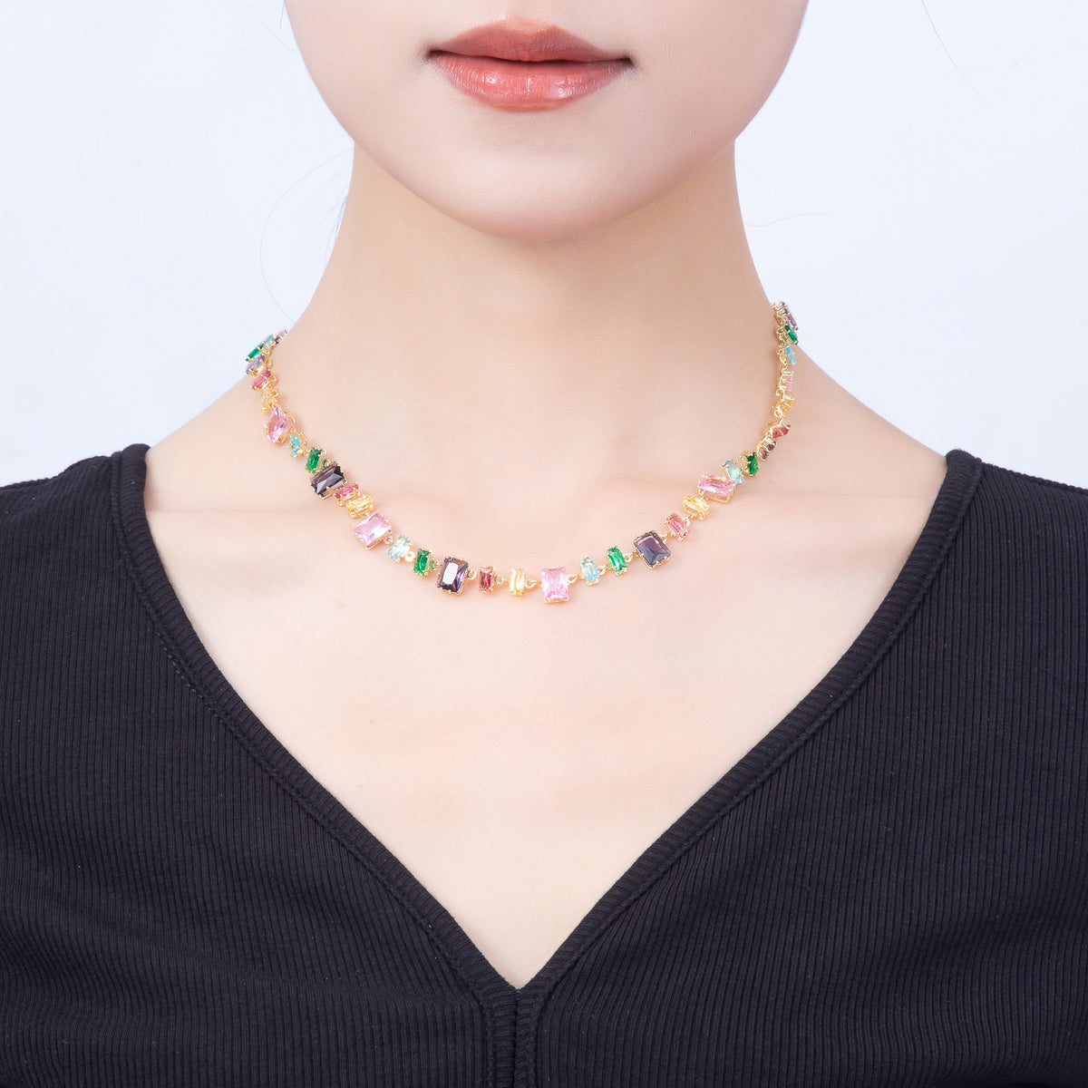 16K Gold Filled 9mm Multicolor Baguette CZ Station 17 Inch Necklace and Bracelet Set | WA-00429