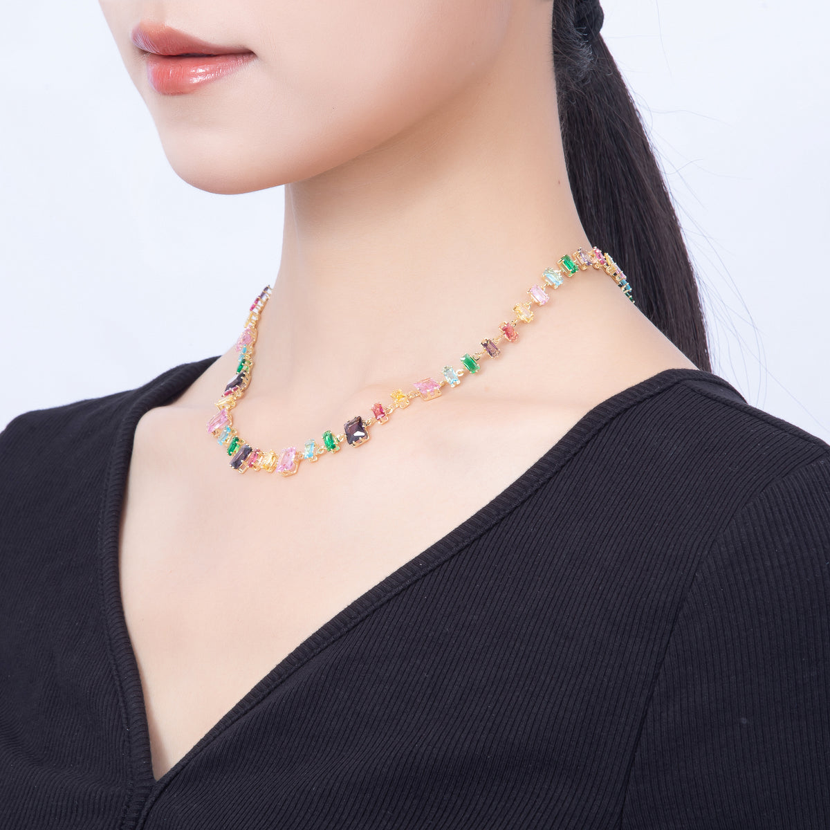 16K Gold Filled 9mm Multicolor Baguette CZ Station 17 Inch Necklace and Bracelet Set | WA-00429