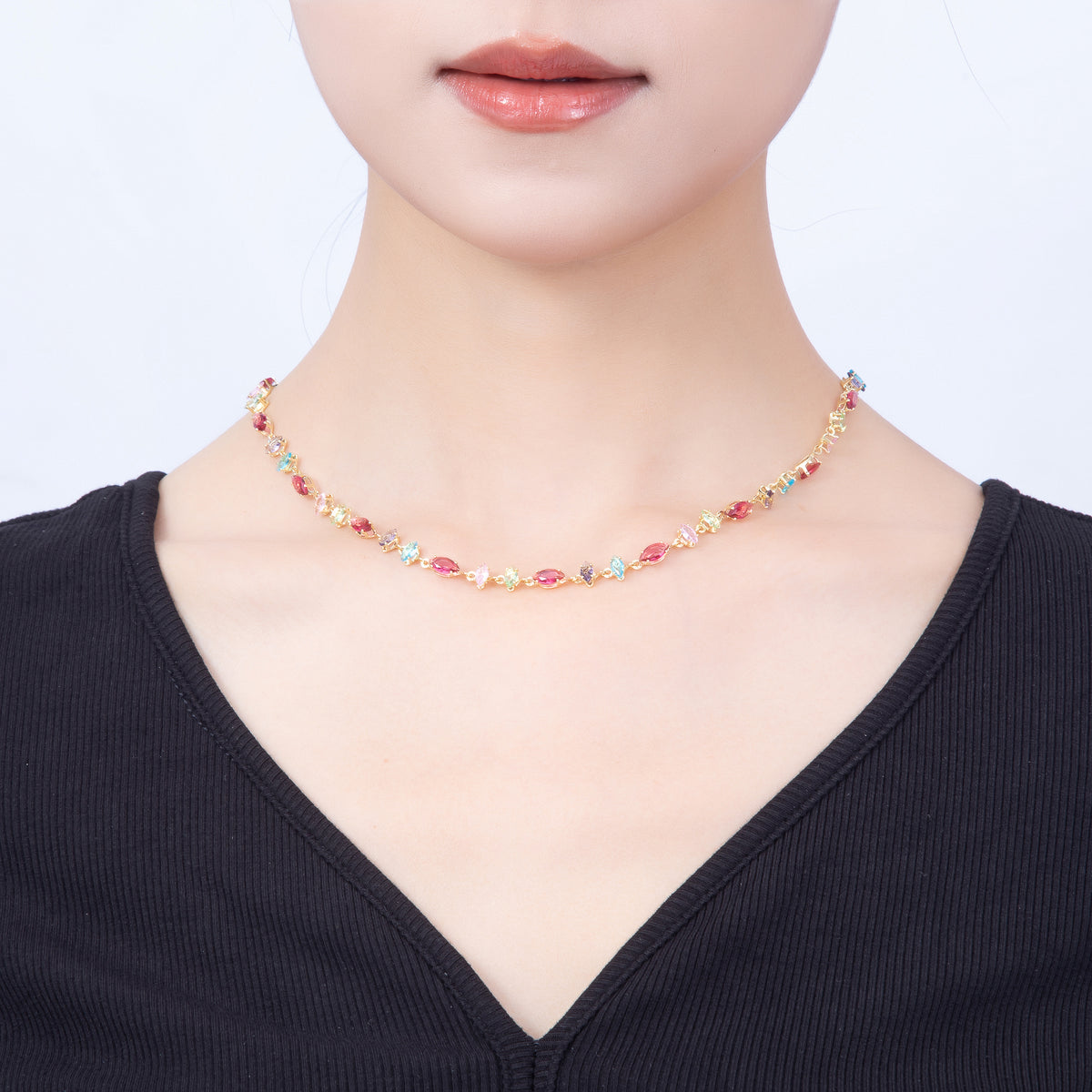 16K Gold Filled 6mm Multicolor Marquise CZ Station 17 Inch Necklace and Bracelet Set | WA-00426