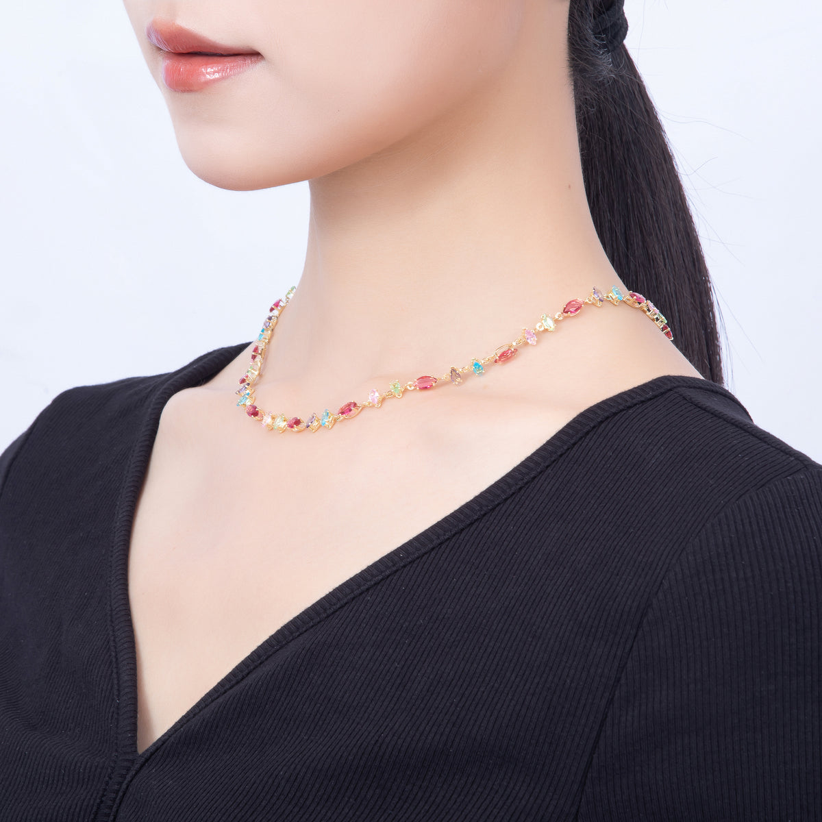 16K Gold Filled 6mm Multicolor Marquise CZ Station 17 Inch Necklace and Bracelet Set | WA-00426