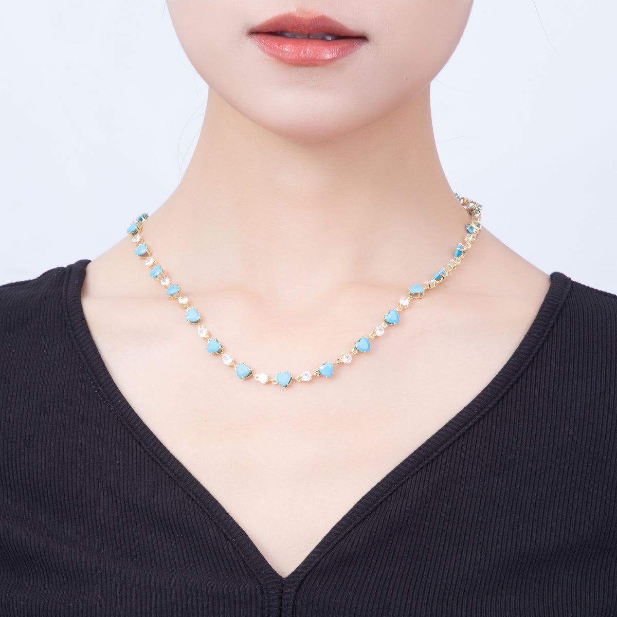 16K Gold Filled 6mm Heart Turquoise Round CZ Station Necklace and Bracelet Set | WA-00421