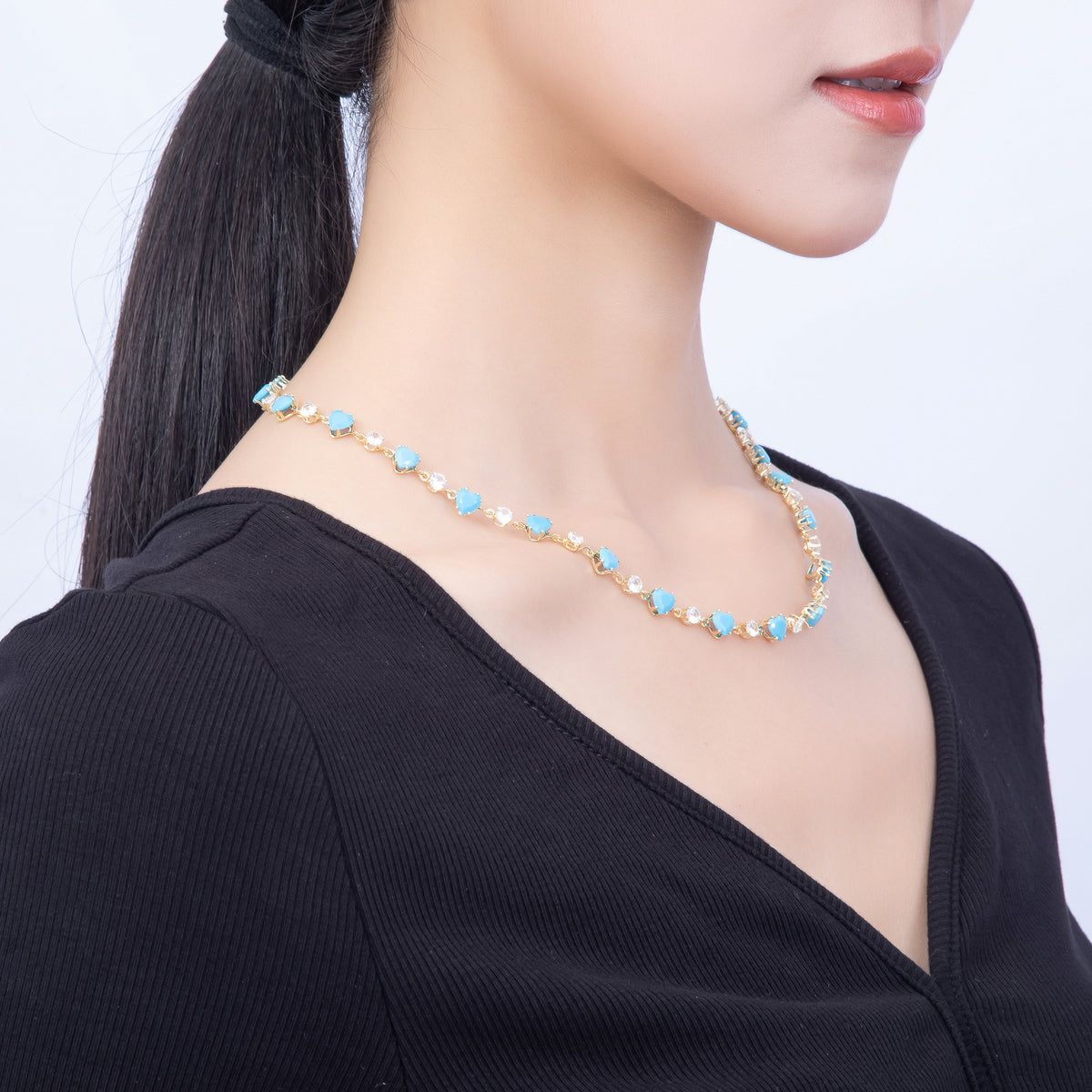 16K Gold Filled 6mm Heart Turquoise Round CZ Station Necklace and Bracelet Set | WA-00421