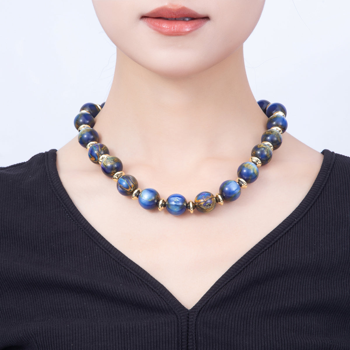 16K Gold Filled 16mm Colorful Swirl Marbled Natural Gemstone Beads 19Inch Necklace | WA-00335