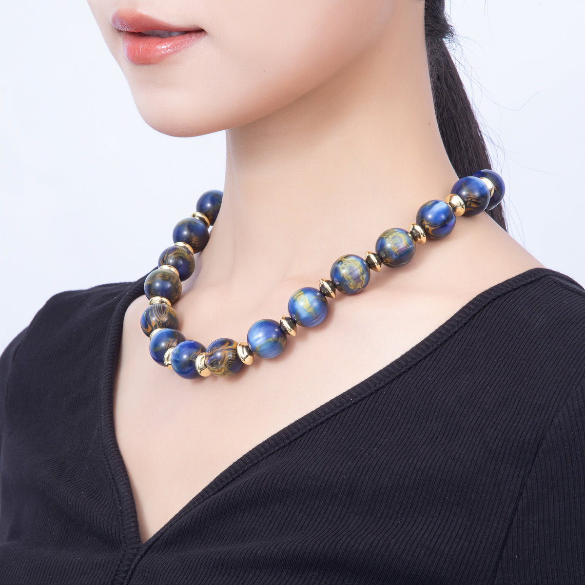 16K Gold Filled 16mm Colorful Swirl Marbled Natural Gemstone Beads 19Inch Necklace | WA-00335