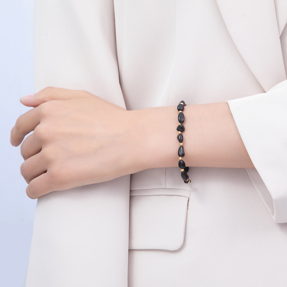 Stainless Steel PVD Gold Gemstone Pebble Bead 7.5 Inch Stretch Bracelet | WA-00120 ~ WA-00160