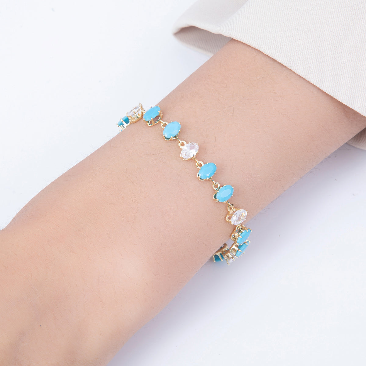 16K Gold Filled 7mm Double Turquoise Marquise CZ Station Necklace and Bracelet Set | WA-00419