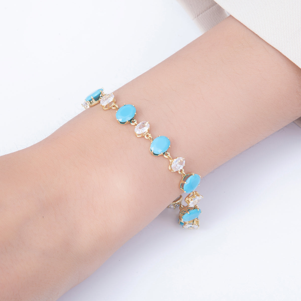 16K Gold Filled 9mm Oval Turquoise & Marquise CZ Station 17 Inch Necklace and Bracelet Set | WA-00418
