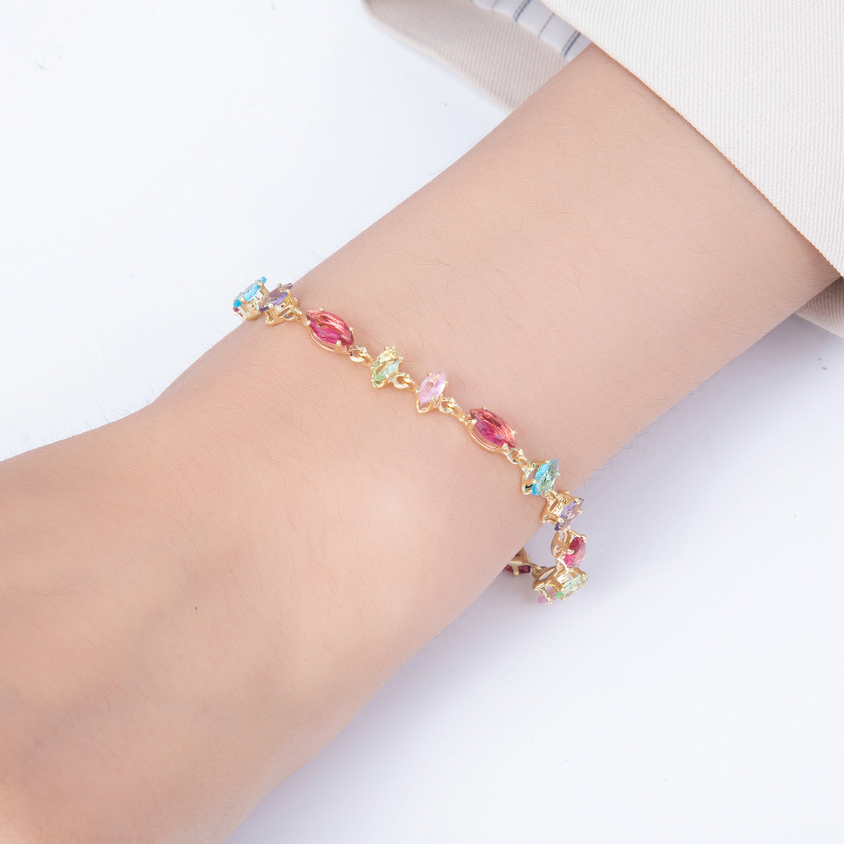 16K Gold Filled 6mm Multicolor Marquise CZ Station 17 Inch Necklace and Bracelet Set | WA-00426