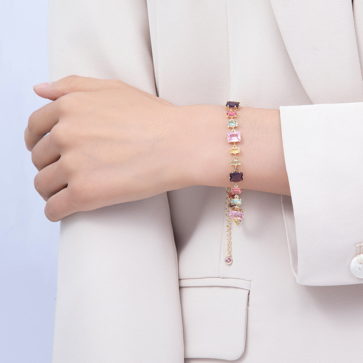 16K Gold Filled 9mm Multicolor Baguette CZ Station 17 Inch Necklace and Bracelet Set | WA-00429