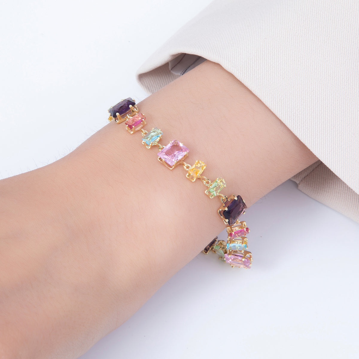 16K Gold Filled 9mm Multicolor Baguette CZ Station 17 Inch Necklace and Bracelet Set | WA-00429