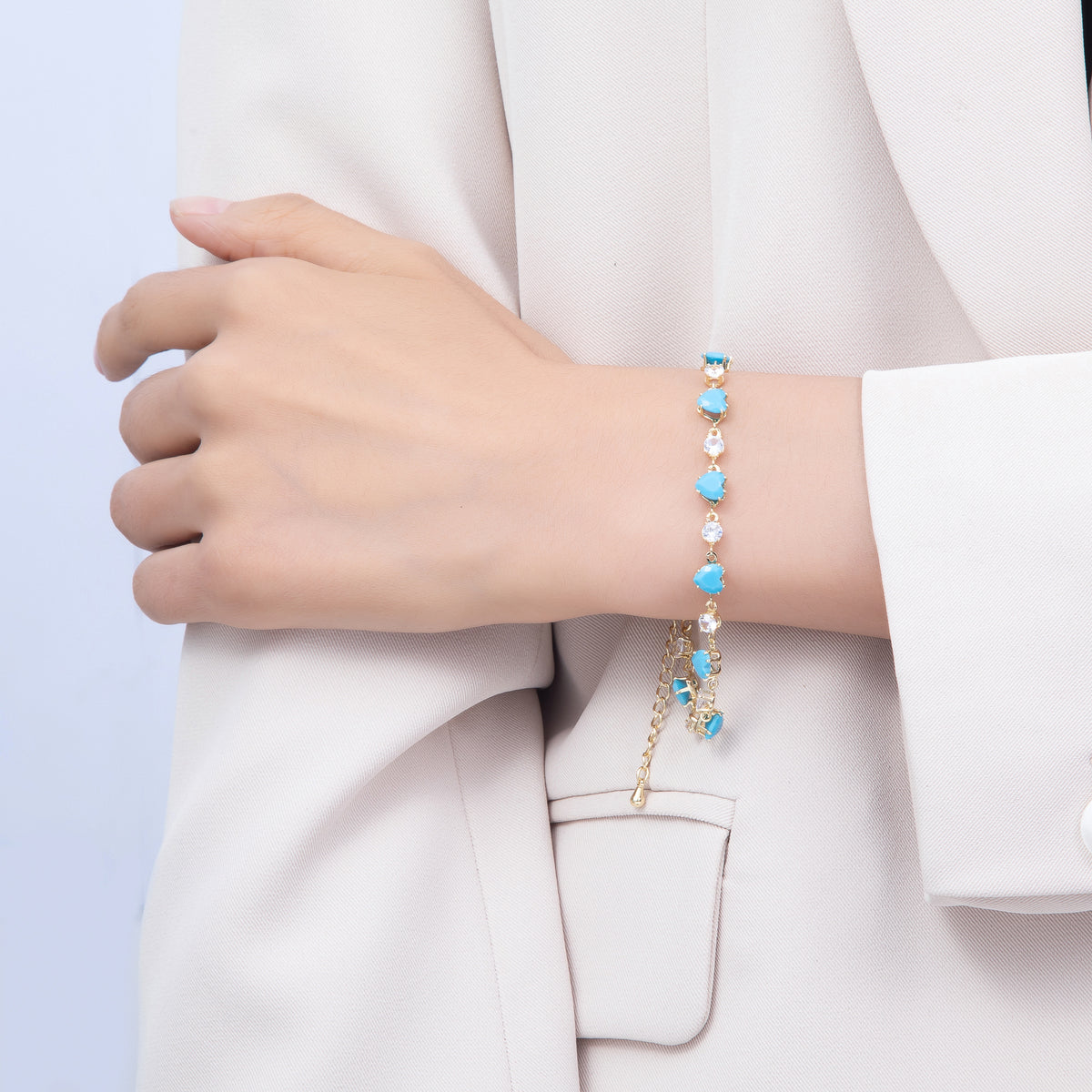16K Gold Filled 6mm Heart Turquoise Round CZ Station Necklace and Bracelet Set | WA-00421