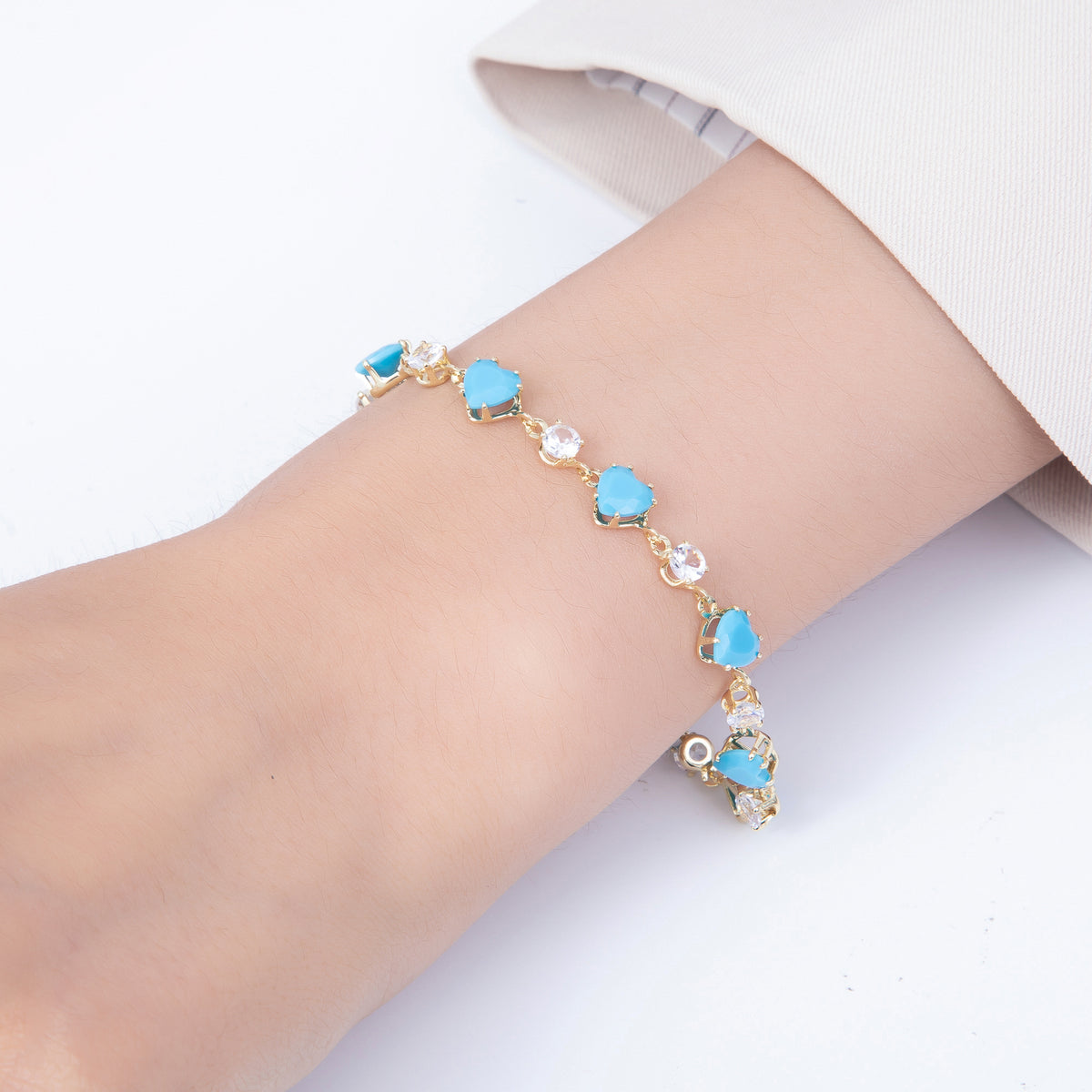 16K Gold Filled 6mm Heart Turquoise Round CZ Station Necklace and Bracelet Set | WA-00421