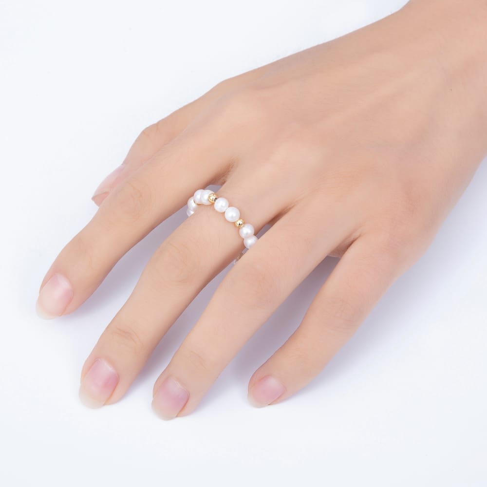16K Gold Filled Natural Freshwater Round Pearl Beaded Stretch Ring | Rings-00420