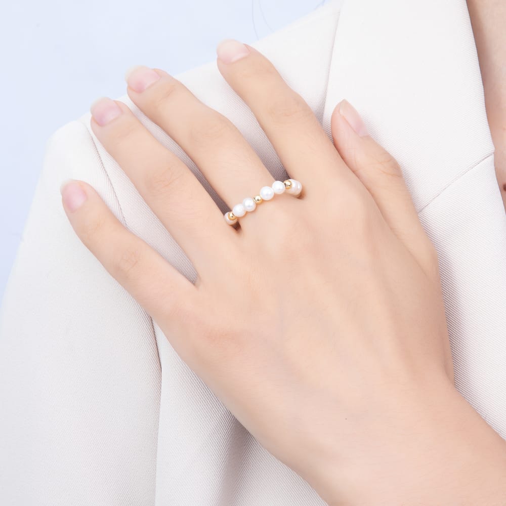16K Gold Filled Natural Freshwater Round Pearl Beaded Stretch Ring | Rings-00420