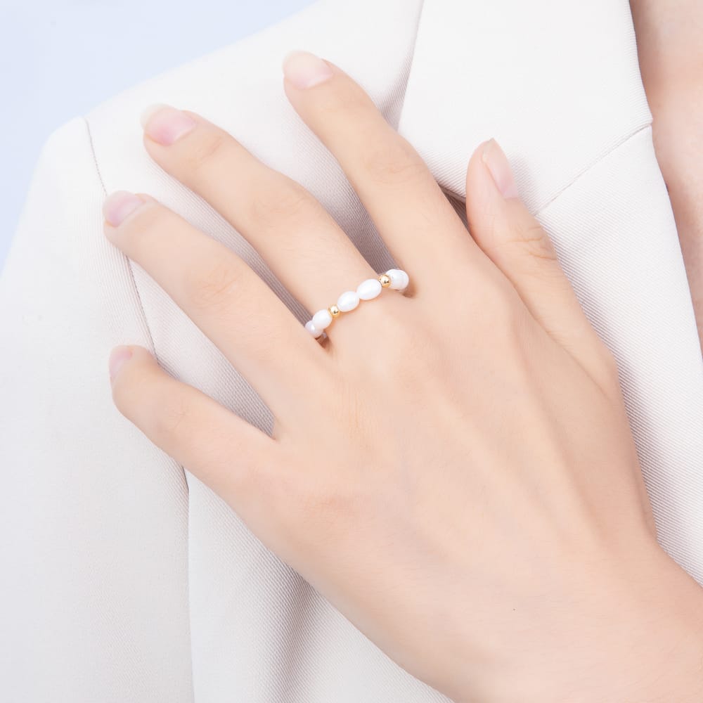 16K Gold Filled Natural Freshwater Pearl Beaded Stretch Ring | Rings-00419
