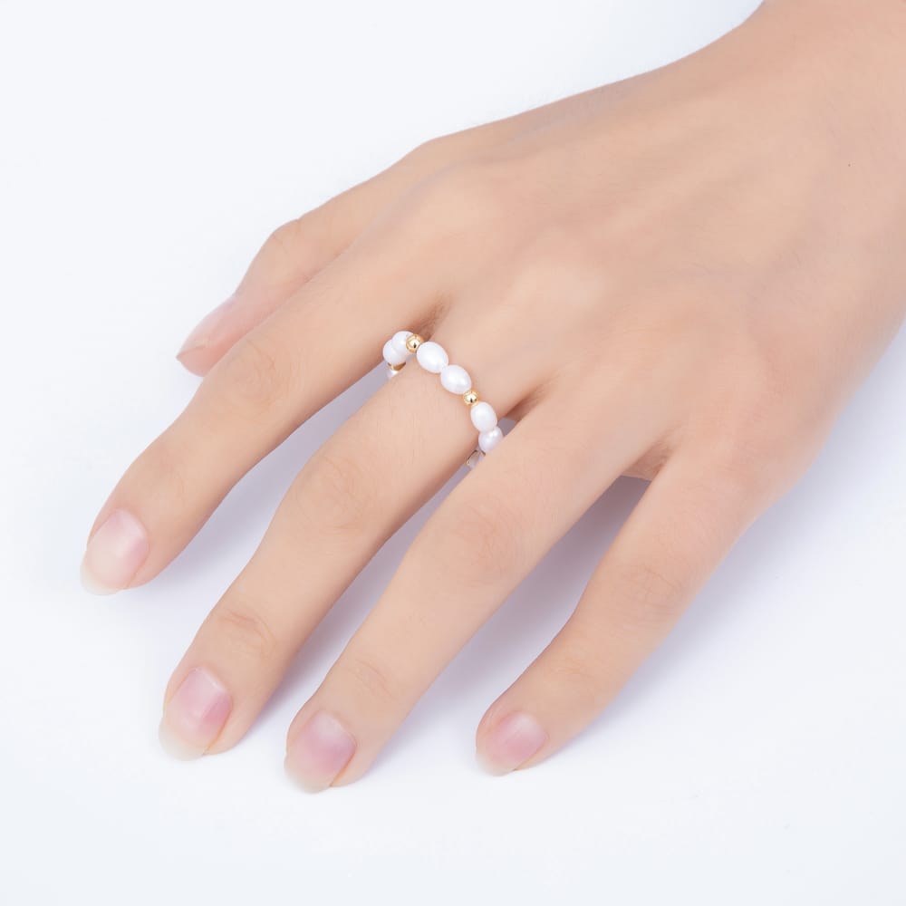 16K Gold Filled Natural Freshwater Pearl Beaded Stretch Ring | Rings-00419