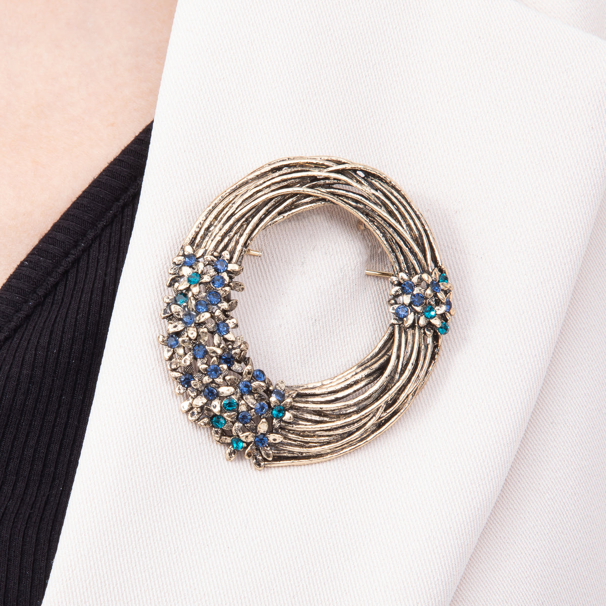 Vintage Gold 55mm Blue, Pink Rhinestone Cluster Linear Woven Wreath Flower Pin Brooch | BH-00187 BH-00188