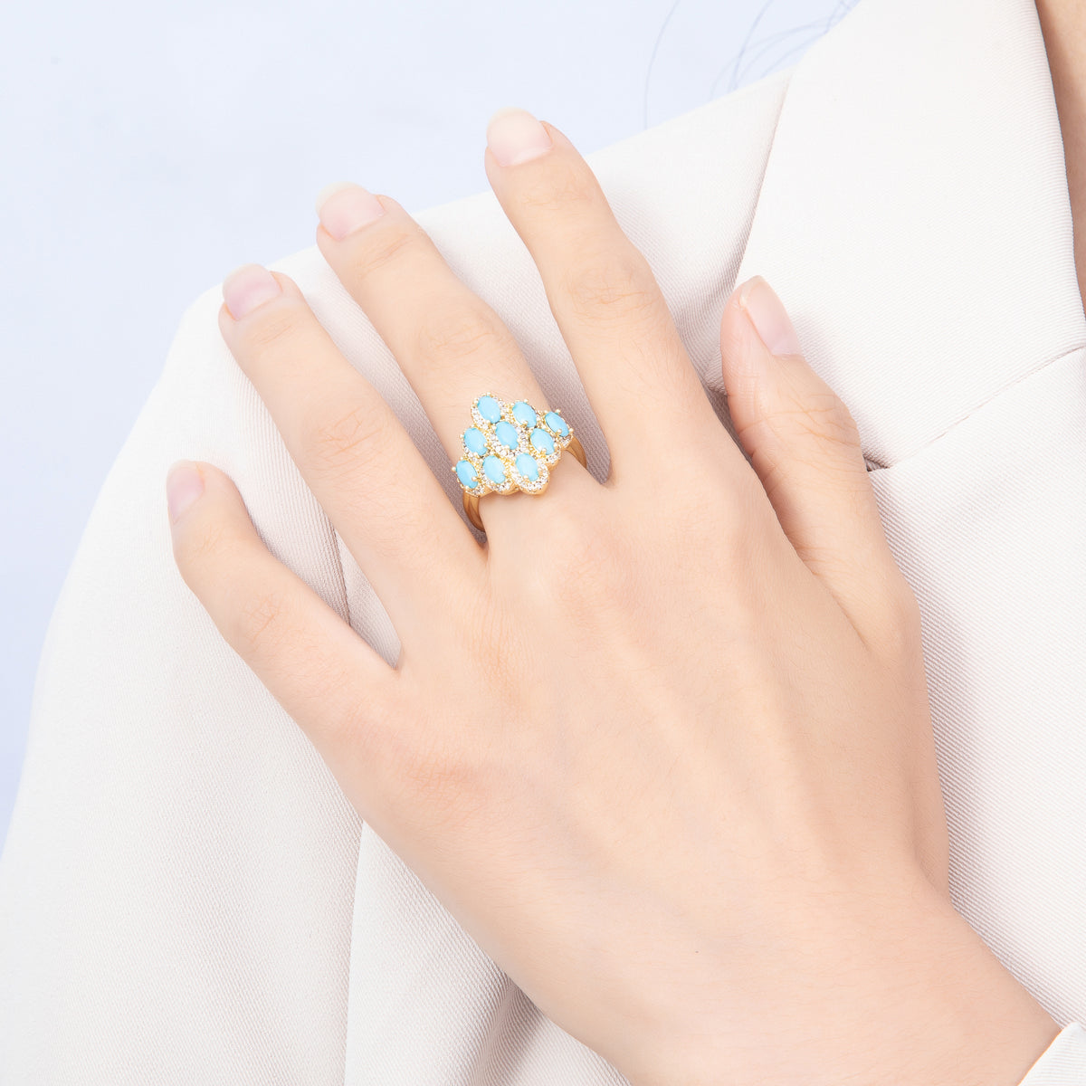 16K Gold Filled Turquoise Cluster Oval Micro Paved CZ Adjustable Ring | Rings-00372