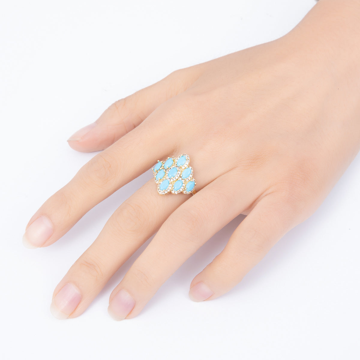 16K Gold Filled Turquoise Cluster Oval Micro Paved CZ Adjustable Ring | Rings-00372