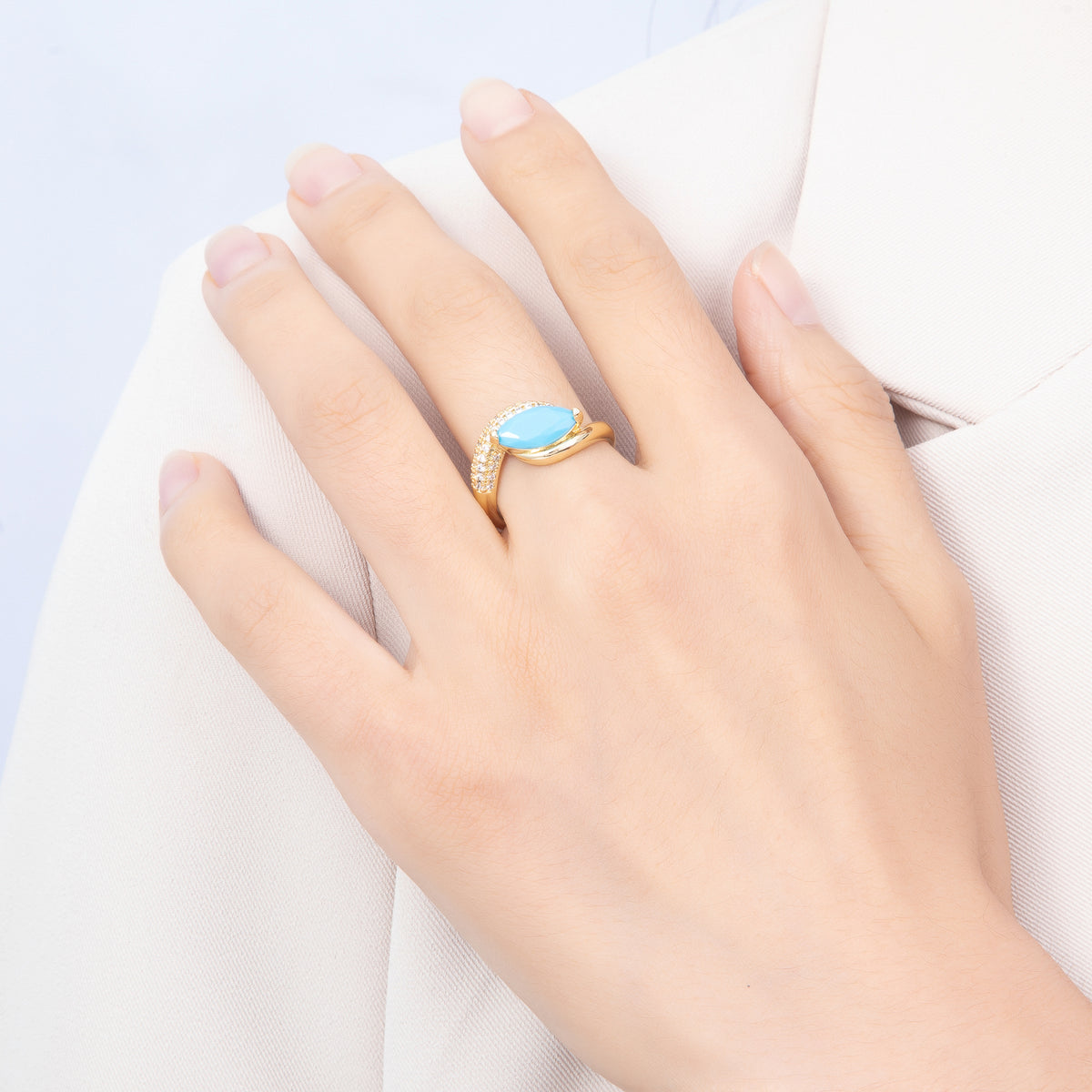 16K Gold Filled Marquise Turquoise Micro Paved CZ Bypass Adjustable Ring | Rings-00371