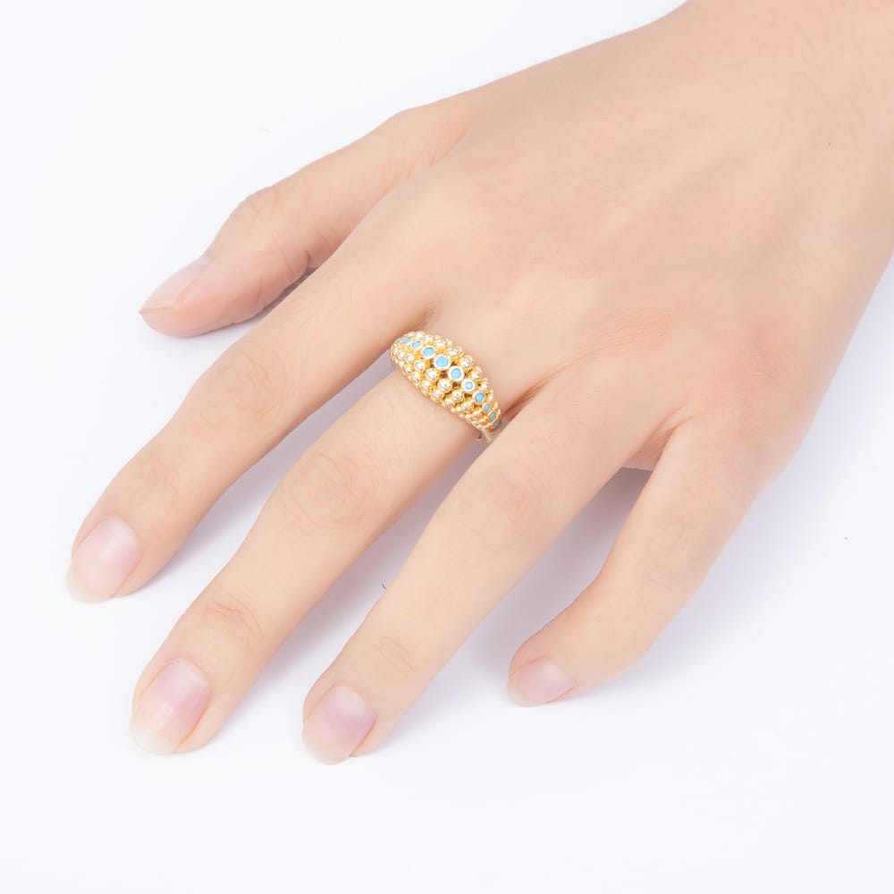 16K Gold Filled Turquoise Micro Paved CZ Multi-Row Beaded Bubble Dome Adjustable Ring | Rings-00409