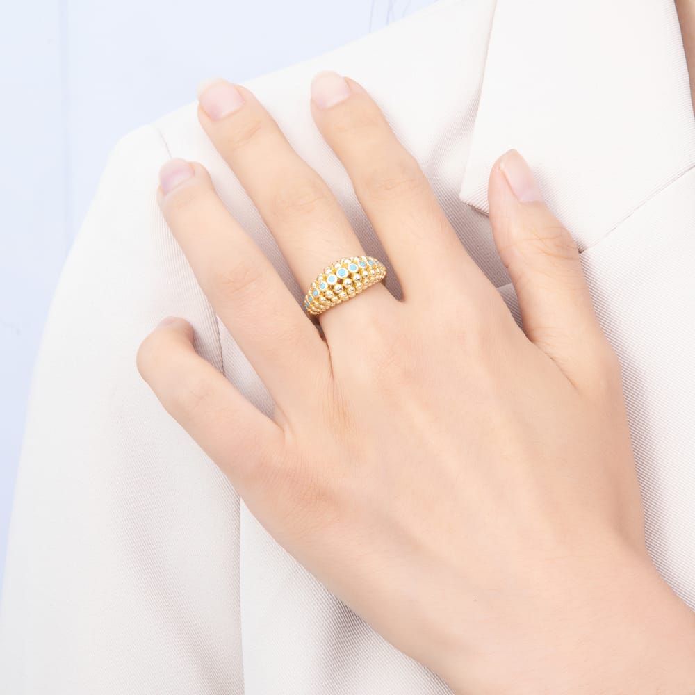16K Gold Filled Turquoise Micro Paved CZ Multi-Row Beaded Bubble Dome Adjustable Ring | Rings-00409
