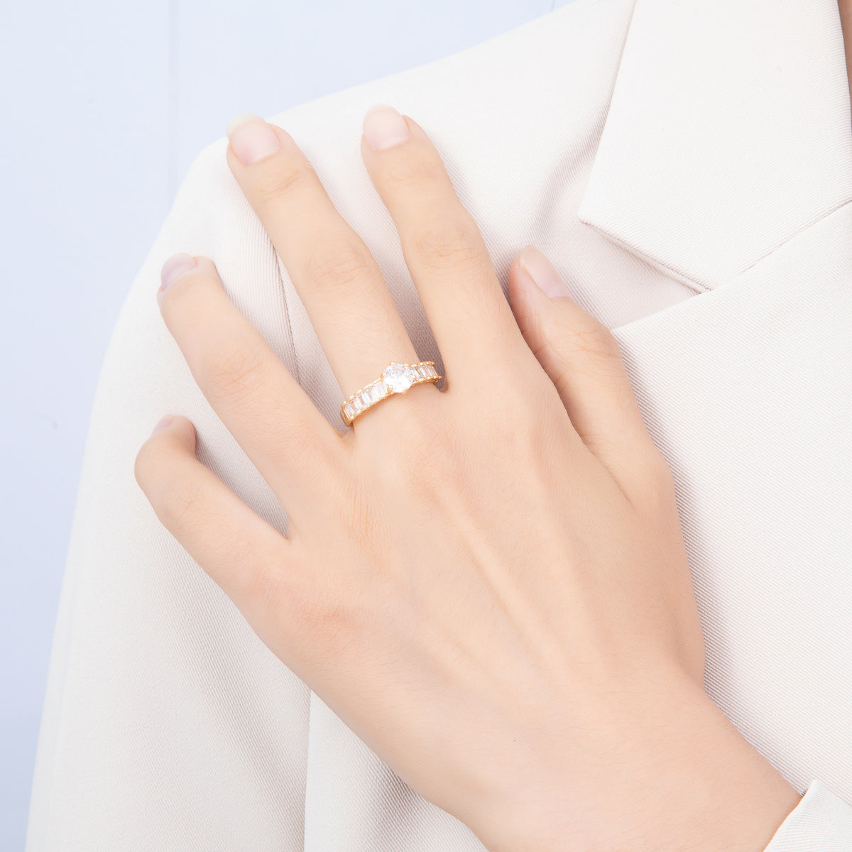 16K Gold Filled Baguette CZ Solitaire Round Stone Adjustable Ring | Rings-00376