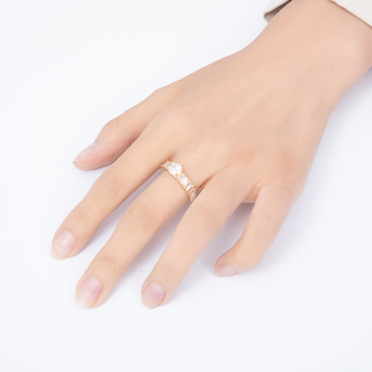 16K Gold Filled Baguette CZ Solitaire Round Stone Adjustable Ring | Rings-00376